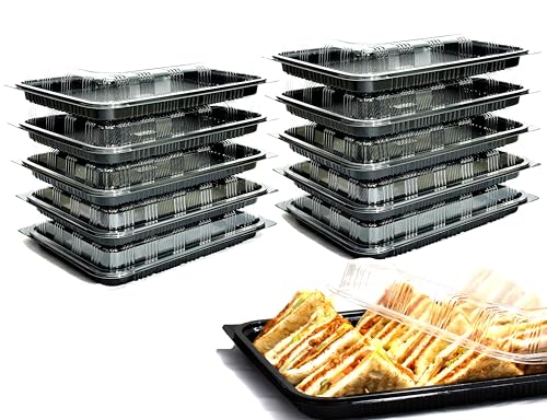 Zumart Pack of 10 Sandwich Platter Trays With lids - Reusable Plastic Catering Trays With Lids for Meal Prep Cakes Treats and Sandwiches (33.5cm x 24cm x 6cm)