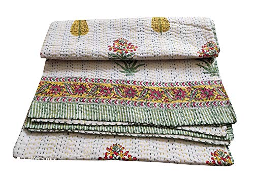 thehandicraftworld Floral Hand Block Print Kantha Kantha Floral Printed Queen Size (90x108) INCHES GUDARI Bedspread RALLI Cotton Handmade