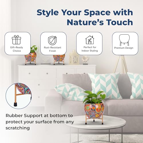 Image of Natural Earth Metal Flower Vase Planter Pot with Iron Stand | Decorative Plant Cachepot for Indoor & Outdoor Use | Succulent Pot for Home & Garden Decor (Mandala)
