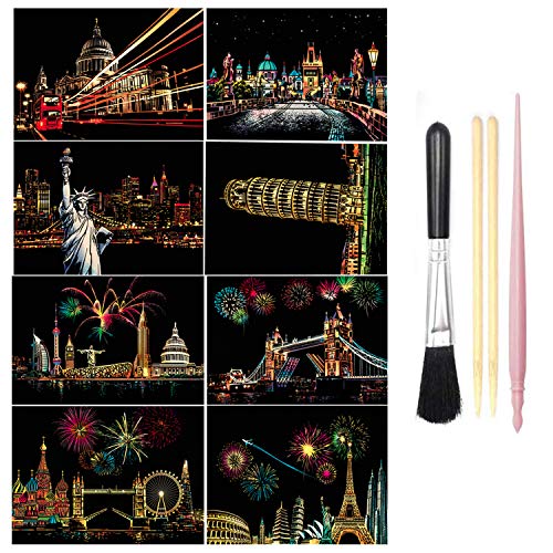 Scratch Paper Rainbow Painting Sketch Pads DIY Art Craft Night View Scratchboard for Kids & Adults, Mini Envelope Postcard Art Set: 8 Sheets Scratch Art Cards with 3 Tools (Building Series)