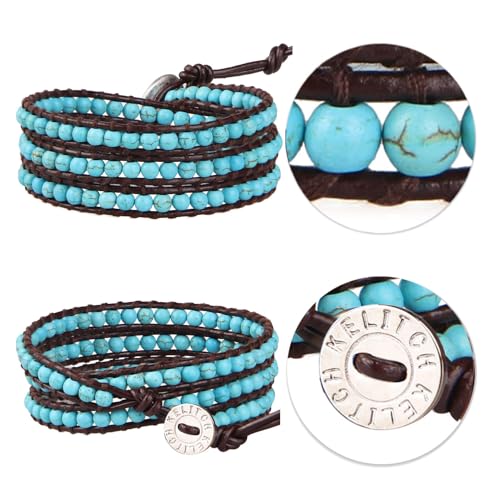 Image of KELITCH Turquoise Beads Bracelets Leather 3 Wrap Bracelet Handmade Women Heart Jewelry