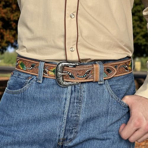 DANIEL'S ARTPLANET Men's Western Belt 1.5” Wide Full Grain One Piece Leather Tooled Belt with Buckle Handmade Engraved3