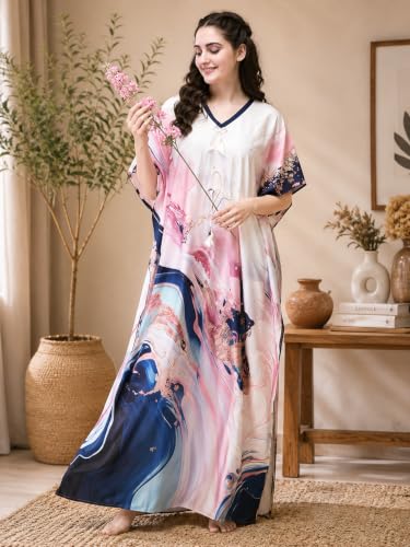 Image of Noty Women's Kaftan Nighty | Digital Print | Sarena Fabric | V Shaped Neck Nightwear | Nightdress for Girl
