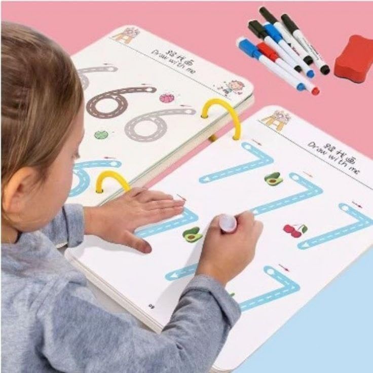 Image of Veemok 64 Pages Magical Tracing Workbook Set, Hand Writing Pen Control Training Book for Learning to Write The Alphabets | Numbers, Preschool Educational Reusable Learning Book for Kids (Blue)
