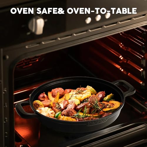 Image of Non-Stick Frying Pan /Skillet 11 inch, 3QT Tagine Pan,Cast Aluminum Pans with Lid, Stove /Oven-to-Table Cookware, Dishwasher Safe& Compatible with All Stovetops（Black）