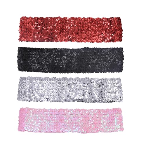 RARITYUS 4 Pack Women's Sparkly Sequin Elastic Waist Belt Glitter Wide Dress Belt Stretch Cinch Belt for Disco Party Costume4