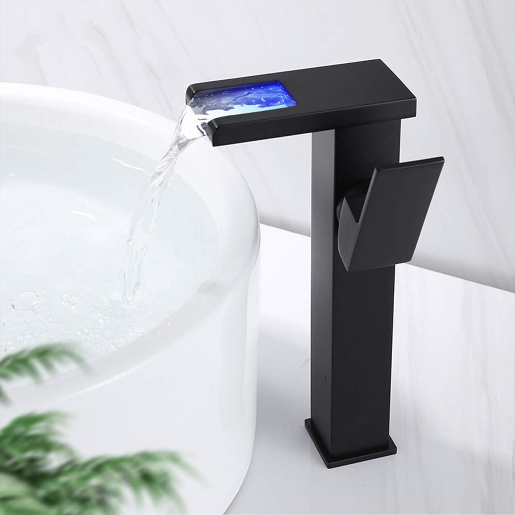 Grifo De Baño Cascada Grifo De Lavabo Led, Caño Alto, Grifo Mezclador Agua Fría Y Caliente, Elegante Monomando Latón Grifos Fregadero, Con Válvula De Cerámica, Estilo Moderno, Negro
