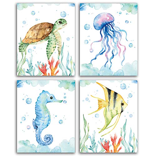CHIEN-CHI LILI Texture of Dreams Aquarell Meeresleben Kunstdruck-Set von 4 (20,3 x 25,4 cm), Meeresschildkröte, Seepferdchen, Fisch, Quallen, Wandposter für Babyzimmer, Kinderzimmer, Wanddekoration