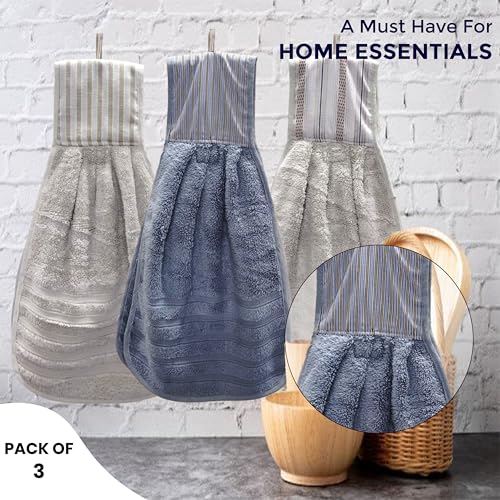 Image of Hanging Hand Towel | Wash Basin Napkin with Loop | Kitchen Sink Towel | Pack of 3 in (Blue, Cream and Brown) | Assorted