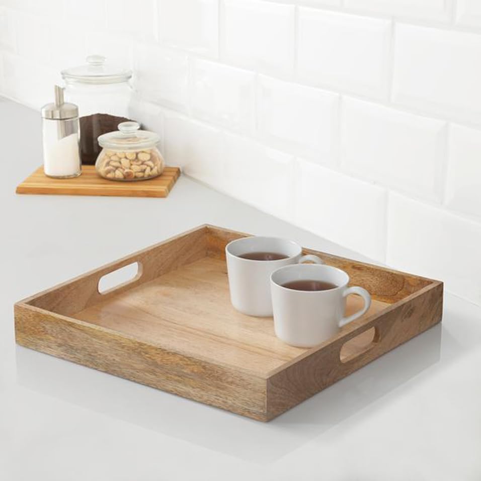 Image of Mango Wood Hamdan Large Serving Tray, Tray With Cutout Handles, Rectangle Butler For Breakfast In Bed, Coffee Table Decor, Party (Natural Sqaurerectangular)