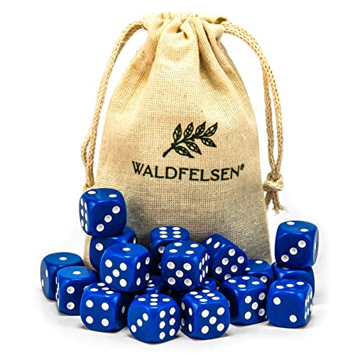 Waldfelsen® 6, 12, 20, 30 o 50 dados de alta calidad, tamaño estándar, cubo acrílico de 16 mm, dados de cubo de juego de 6 caras con bolsa de tela (azul, paquete de 20)