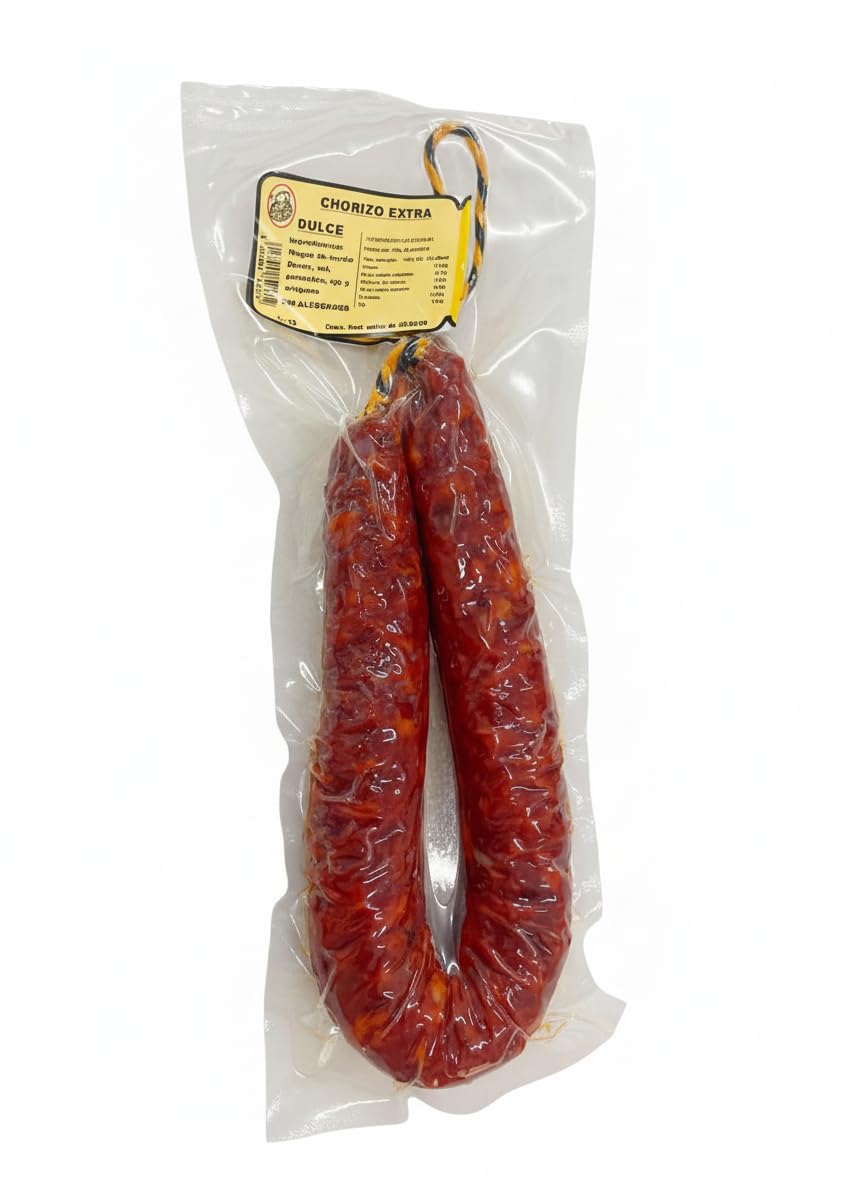 Chorizo ​​dolce di Spagna. Chorizo ​​​​corda dolce di circa 500 grammi. Snack salato ideale come aperitivo in ogni momento della giornata. Prodotto artigianale. Chorizo ​​Spagnolo naturale al 100%.