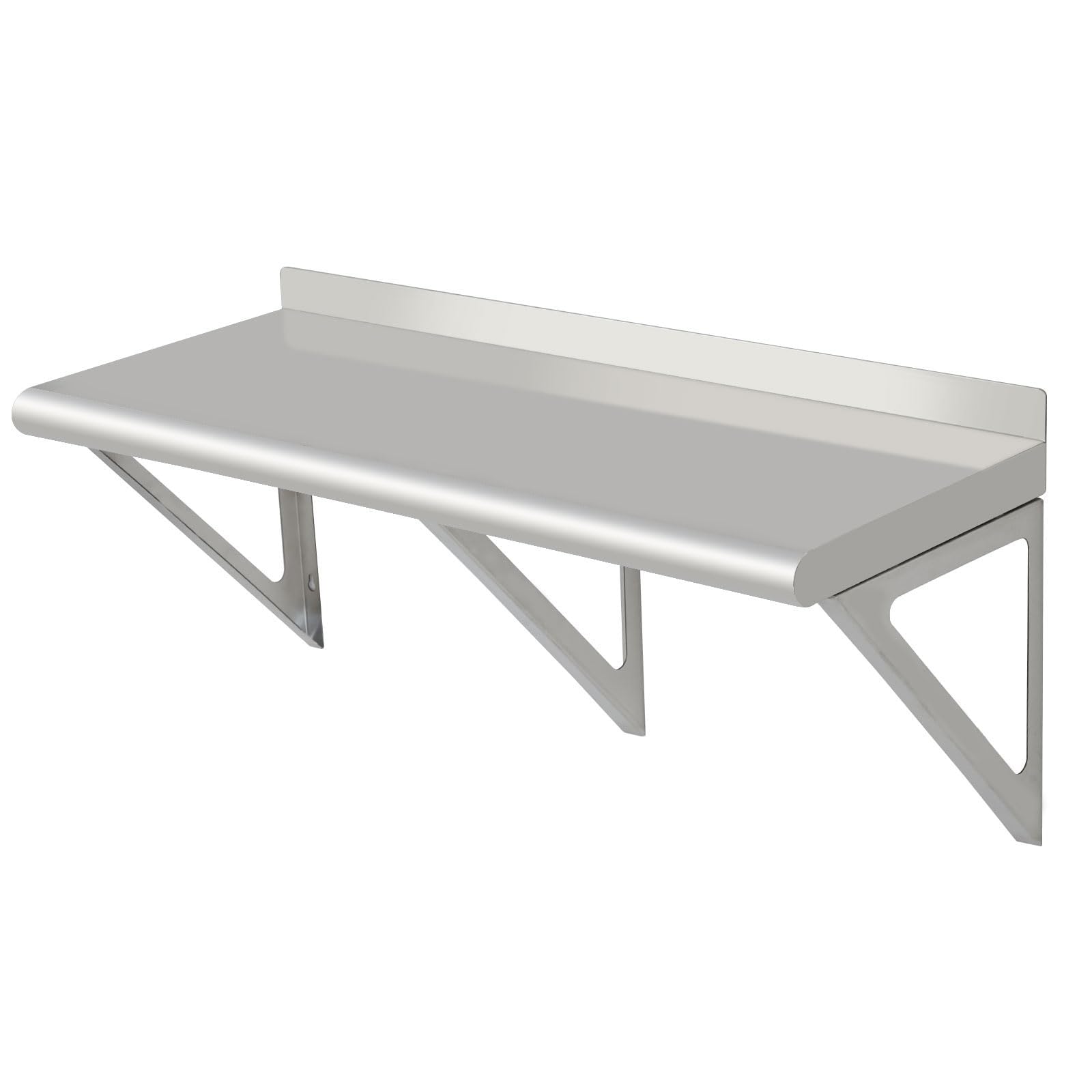 Acekool Étagère Murale INOX Commerciale Robuste avec dosseret – Console Triangulaire – Rangement Cuisine Pro – Bord Arrondi – Argent, Arc Edge, 30×12×12 inch