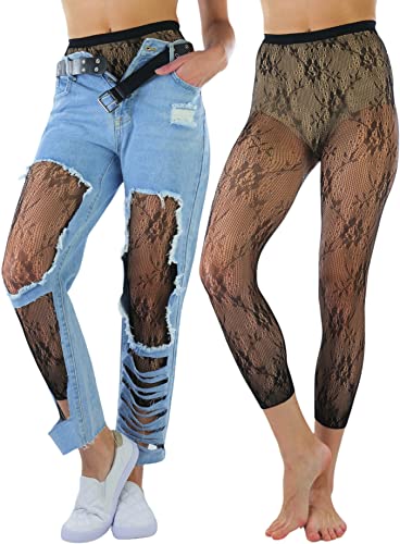 Image of ToBeInStyle Women's Single Floral Lace Fishnet Tights Footless & Stirrup Design