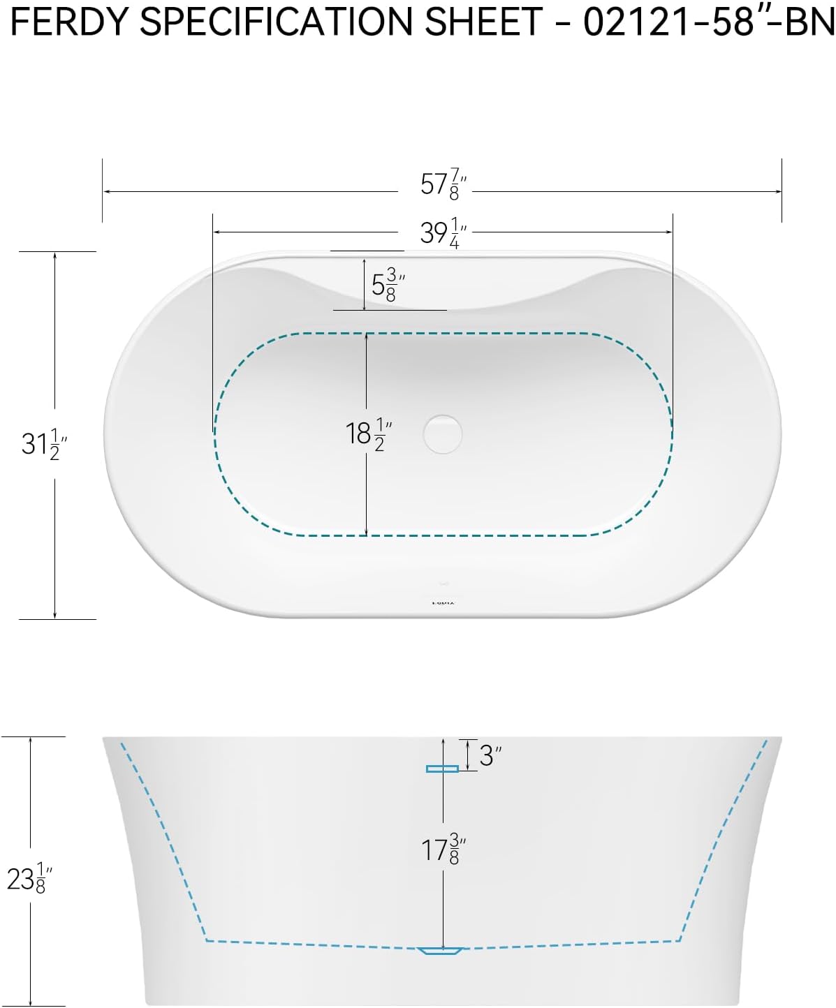 FerdY Santorini 58" Acrylic Freestanding Tub, Gracefully Shaped Contemporary Soaking Tub, Glossy White, White Toe-tap Drain& Bath Pillow for Bathtub,Thick Tub Pillows, Ergonomic Support