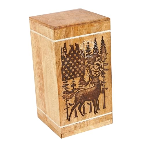 Image of Handcrafted Floral Engraved Wooden Urns for Human Ashes Adult Large - Cremation Urn for Ashes - Burial Urn for Columbarium - Funeral Urn Box (Buck Deer 4, 250 LB - Hardwood)