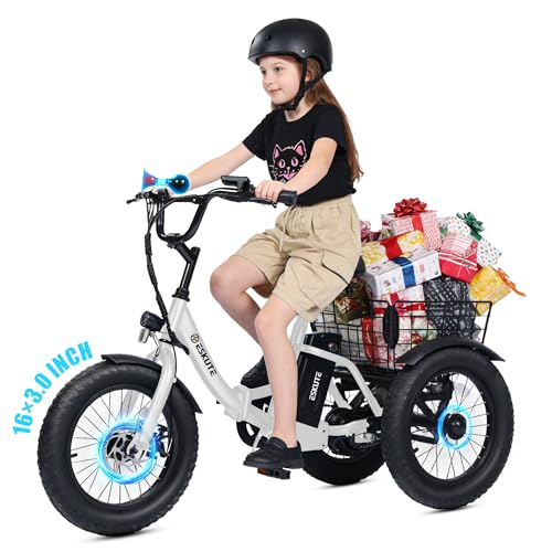 ESKUTE Mini E-Trike Electric Bike 16X3.0 Fat Tire Folding Trike 378Wh Battery Peak 500W Motor Step-Thru 3 Wheel Electric Bicycle 12.5MPH Safe Speed Tricycle for Begginer Age 6+ White Classic
