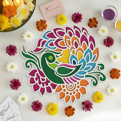 Image of CraftVatika 13 Inch Rangoli Stencils for Main Door Entrance, Peacock Design Portable Reusable Rangoli Stencils for Diwali Decoration Items, Festive Decor, Home Decoration Items, Wooden Ananta Rangoli