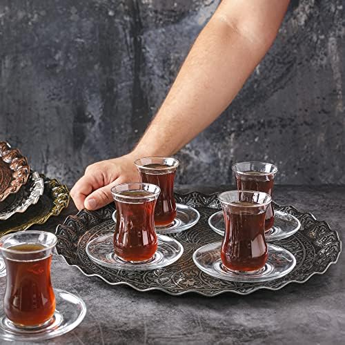 CRYSTALIA Ottoman Metal Serving Tray Round, Decorative Metal Tray, Coffee Serving Tray, Turkish Tea Trays, Beverage Serving Plate, Decorative Tray, Gift For Mother