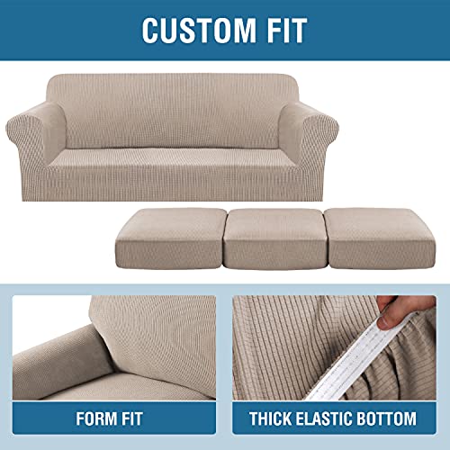 H.versailtex 4 Piece Stretch Sofa Covers For 3 Cushion Couch Covers For Living Room Furniture Slipcovers (Base Cover Plus 3 Seat Cushion Covers) Upgraded Thicker Jacquard Fabric (Sofa, Sand) #TOP3