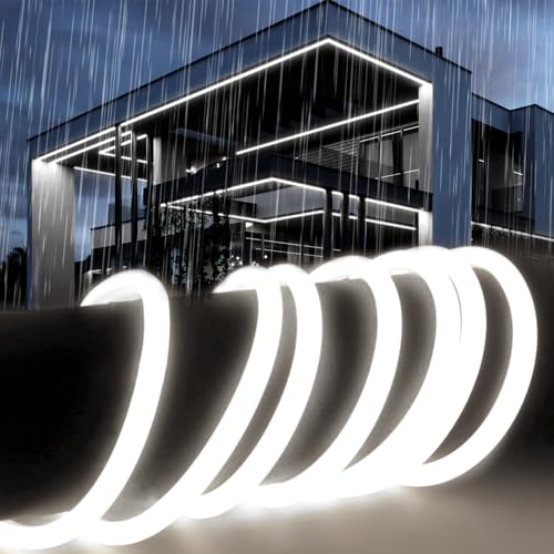 SUCIKORIO 2m Silicone Neon LED Strip Light Round for Bedroom Cool White 6000K 220V Waterproof Fireproof IP65 Led Strip Lights Cuttable Flexible Neon LED Rope Lights Outdoor with Power Supply