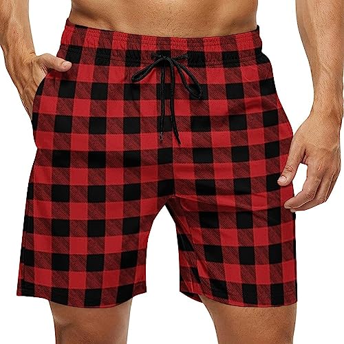 Red Buffalo Plaid Mens Swim Trunks Quick Dry Beach Shorts Casual Sports Board Shorts Swimwear with Pocket