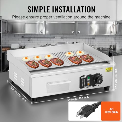 Image of VEVOR Commercial Electric Griddle, 1600W Countertop Half-Flat Top Grill, 22in Stainless Steel Griddle Grill with 2 Shovels and 2 Brushes for Home or Restaurant, 122℉-572℉ Adjustable Temp