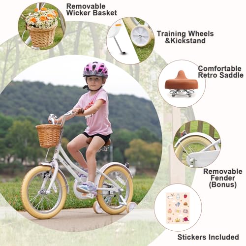Image of Glerc Little Molly 12-20 Inch Kids Retro Cruiser Bike for 2-13 Year Old with Wicker Basket & Training Wheels /Kickstand, Multiple Colors