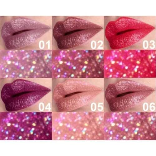 2023 Newest Glitter Waterproof Long Lasting Lip Gloss,6 Color Diamond Shiny Dark Red Pink Purple Glitter Sparkly Glossy Metallic Shimmer Sparkle Waterproof Lipstick Lip Gloss For Women (01) #TOP5