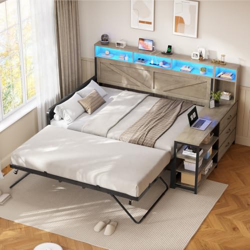 Image of MSmask Daybed with Trundle & 3 Storage Drawers, Full Size DayBed Frame with Headboard & Charging Station, Farmhouse Wooden Bed Frame with LED for Bedroom and Guest Room, Grey