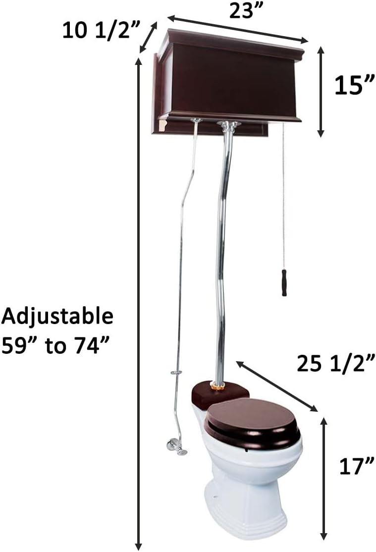 Renovators Supply Manufacturing High Tank Pull Chain Toilet With Dark Oak Wooden Flat High Tank 59 In. To 74 In. Adjustable Height Chrome Z Pipe And Round Toilet Bowl
