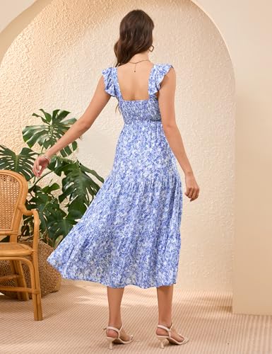 Image of KOJOOIN Womens Maternity Dress Summer Sleeveless Smocked Square Neck Ruffle Casual Boho Midi Dress Baby Shower Photoshoot