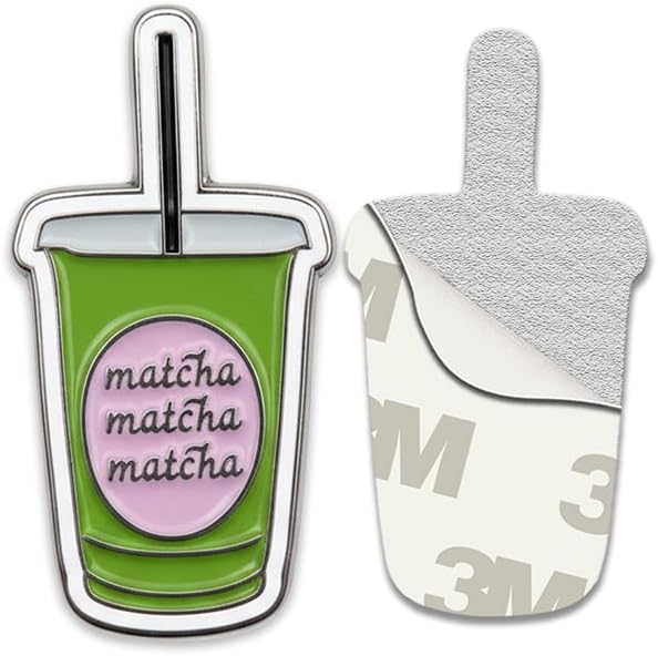 Matcha Metal Phone Sticker, Metal with Soft Enamel, Green Matcha Cup Design, Adhesive Backing, for Tech Accessories and Phone Cases, Aesthetic Kawaii Theme