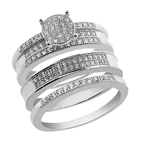 Gem Stone King His and Hers 3 Pieces Sterling Silver and CZ Engagement Wedding Trio Set Band