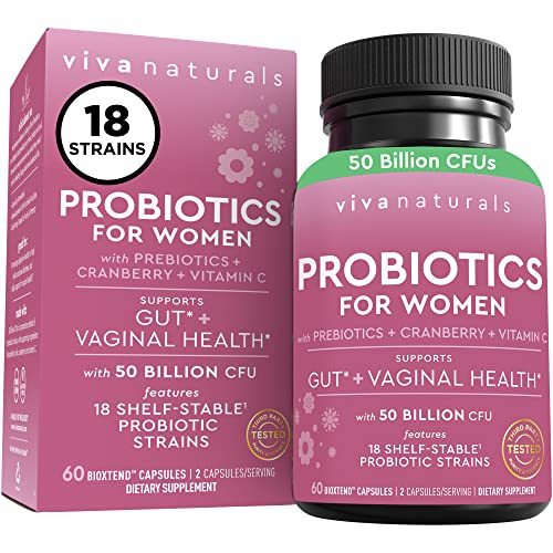 Probiotics for Women with 50 Billion CFU from 18 Strains (60 Capsules) - Shelf-Stable Probiotics for Digestive Health, Made with Prebiotics and Cranberry, Supports Vaginal Health & Gut Health