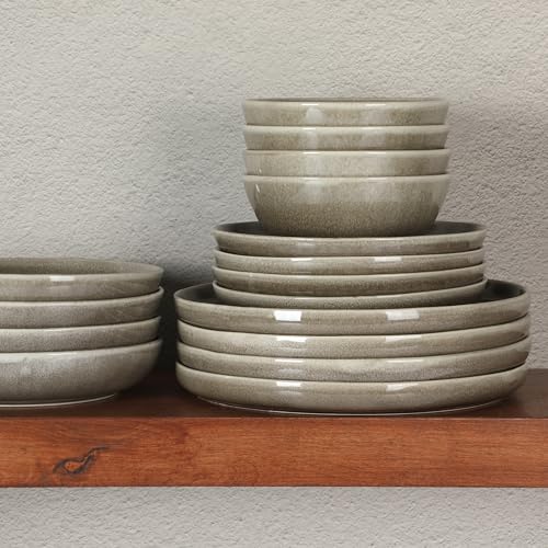 Image of Gibson Elite Berea 16 Piece (Service for 4) Plates and Bowls Reactive Glaze Round Dishes Stoneware Ceramic Dinnerware Set -Taupe