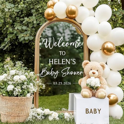 JarThenaAMCS Baby Shower Mirror Decal Welcome Sign DIY Name Date Removable Letters Vinyl Wall Decal for Wedding Engagement Marriage Reception Decor White