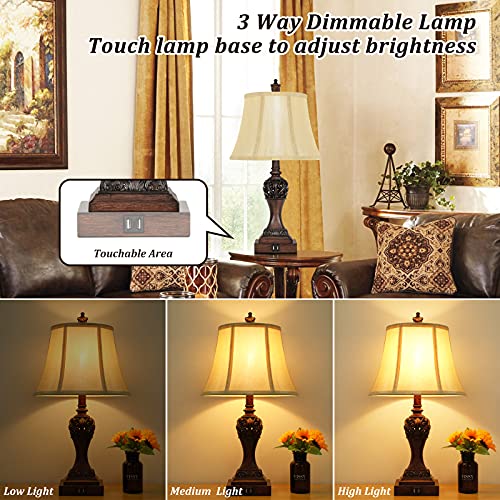 Set of 2 Touch Control 3-Way Dimmable Table Lamps with 2 USB Charging Ports Traditional Bedside Lamps with Bell Shape Faux Silk Shade & Brown Base for Bedroom Nightstand Living Room LED Bulbs Included - Image 4