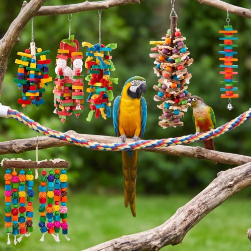 Image of Seenelling 8 Pcs Extra Large Bird Toys for Parrots, Mixed | Multicolored Natural Wooden Blocks & Beads Bells, Bird Cage Chewing Toys for Large Medium Macaws African Grey Cockatoos