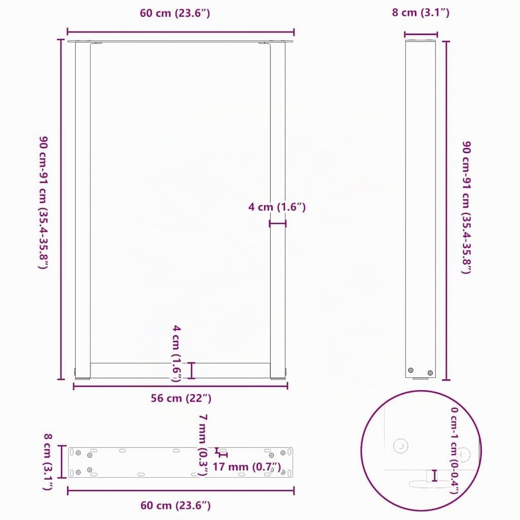vidaXL Patas para Mesa de Bar en Forma de U (2 Unidades), Color Blanco, 60 x (90-91) cm, Acero