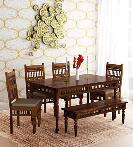 Image of BN Furniture Solid Sheesham Wood 6 Seater Dining Table Set with Bench | 58x35 Inch Rectangular Dining Table | Dark Brown Finish | 4 Chairs with Cushion | Traditional Wooden Dining Furniture