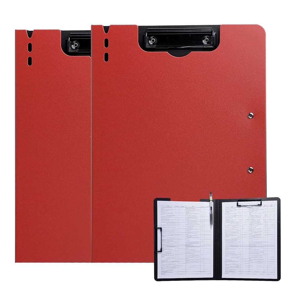 Clipboard Folder, 2 Pcs A4 Foldable Clipboard with Horizontal and Vertical Double Metal Clips, 360 Degree Foldable Binder Clipboards with Pen Holder, File Cover Work Folder Clipboards, Red