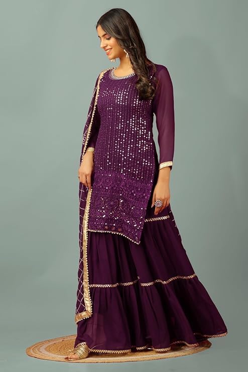 Image of Women's Designer Chinon Silk Sharara Suit Set, Sequence Embroidery Kurti with Tiered Sharara and Dupatta