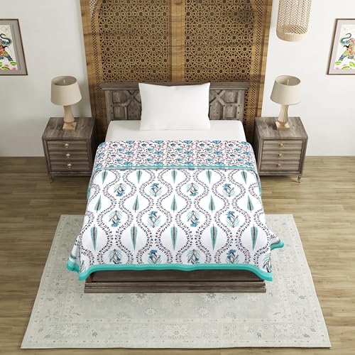 Image of BLOCKS OF INDIA Hand Block Printed Cotton Single Size Reversible Malmal Dohar for Summer (Turq Patti)