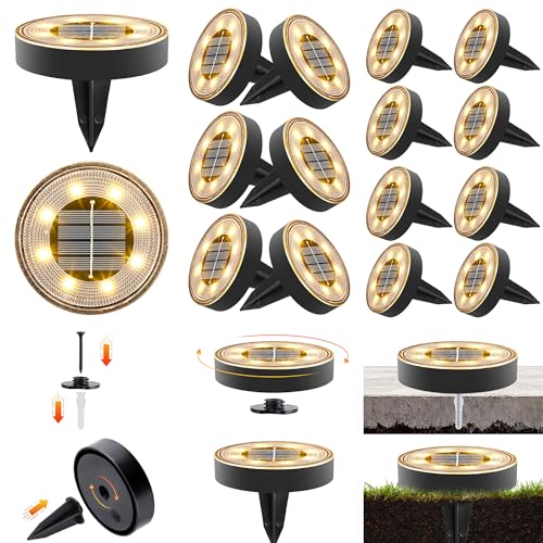 Joomer 16 Pack Solar Ground Lights, 2-in-1 Solar Lights Outdoor Waterproof Solar Powered Disc Light Landscape Garden Lighting Light for Patio Pathway Lawn Yard Driveway Walkway Deck Step(Warm White)