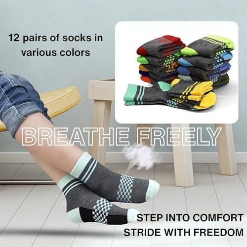Boys Girls Crew Socks-12 pairs Athletic Colorful Cushioned Comfortable Soft Socks for Active Kids Aged 2-143