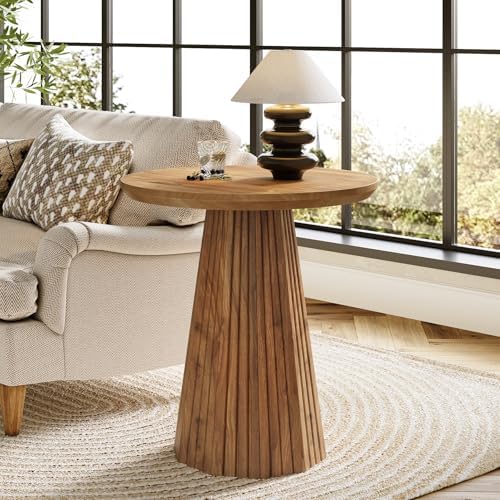 Solid Wood End Table, 19" Small Round Pedestal Side Table with Fl...