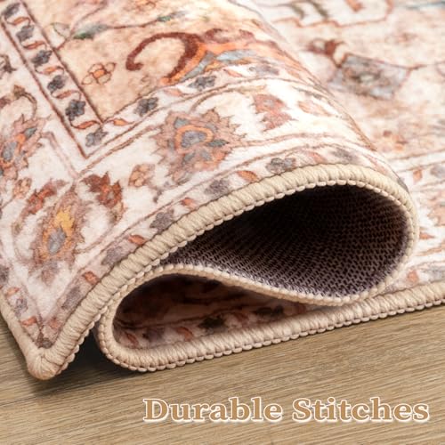 SERISSA Boho Area Rug 5x7 Peach Cream, Washable Large Rugs for Living Room, Ultra Soft Non-Slip Bedroom Rug Print Distressed Vintage Farmhouse Carpet Rug for Dining Room Dorm Office Home Decor