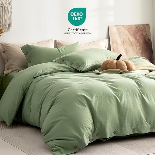Image of JELLYMONI 100% Washed Cotton Duvet Cover King - Soft, Breathable Linen-Look Bedding with Natural Wrinkle Texture, Button Closure, 3-Piece Set (Mint Green, 104 inchx90 inch)
