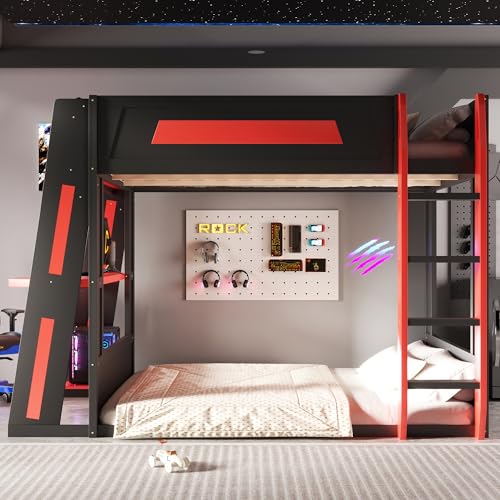 Image of GDFStudio Queen Over Queen Bunk Bed Frame with Desk, USB and LED Light, Solid Wood Gaming Bunk Bed Queen Size with Storage Shelves, High Loft Bed Queen Size with Under Entertainment Space, Black+Red